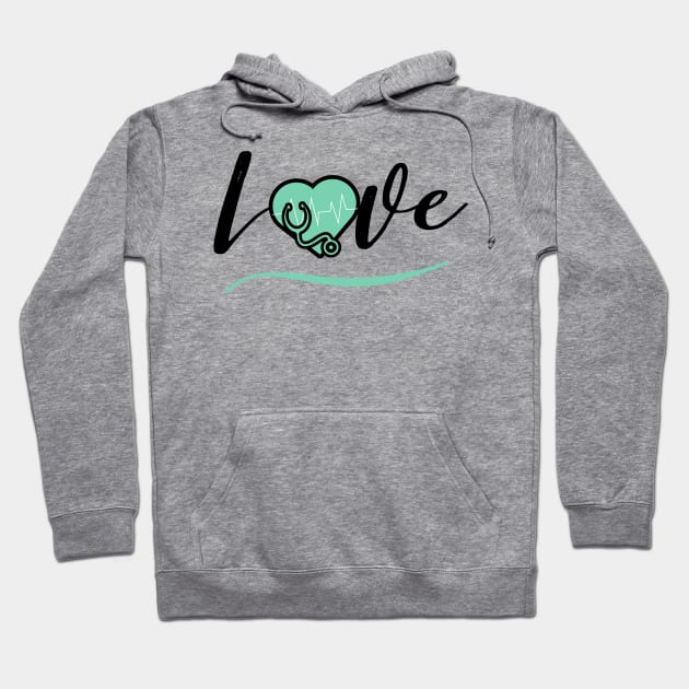 Love medicine black text design with green heart stethoscope and heartbeat Hoodie by BlueLightDesign